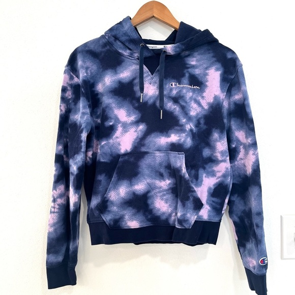 Champion Tops - CHAMPION tie dye purple & blue cropped hooded sweatshirt size small